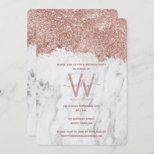 ローズゴールド ホワイト大理石 グリッター 誕生日おめでとう（年不問） 招待状 (正面/裏面)