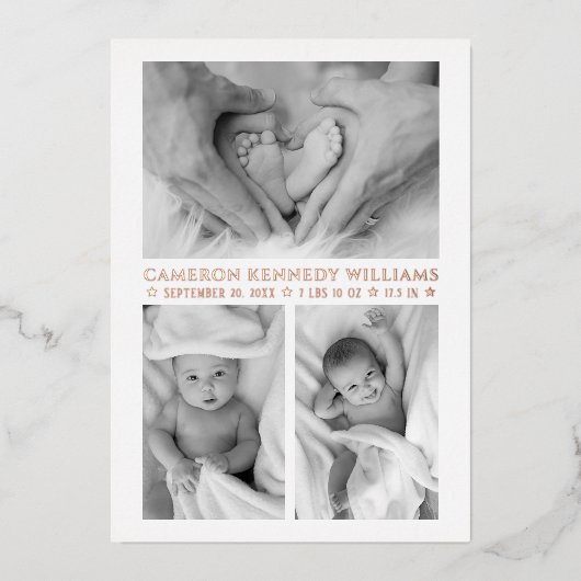 ローズゴールド ホワイト 3 フォト ハロー ベイビー ニューボーン バースデー 箔招待状 (正面)