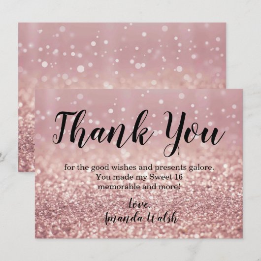 ローズゴールド ボケライト スイート16 ありがとうメモ 招待状 (正面/裏面)