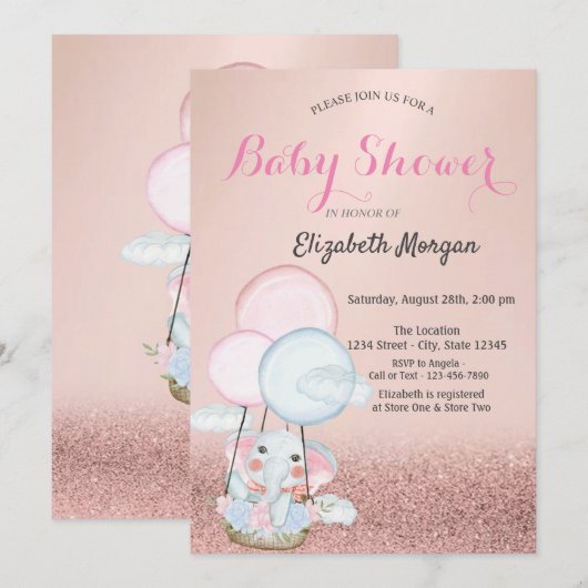 ローズゴールド ボケ, エレファント エアバルーン ベビーシャワー 招待状 (正面/裏面)