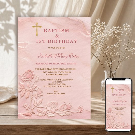 ローズゴールド マーブル フェイク エンボス 洗礼式 お誕生日 招待状