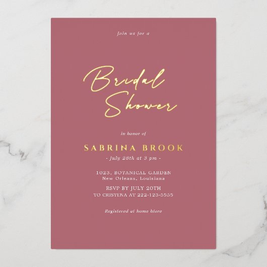ローズゴールド |ミニマシンプルリストブライダルシャワー 箔招待状 (正面)