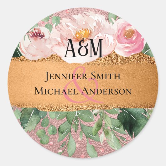 ローズゴールド メタリック グリッター フローラル フォイル ルック ウェディング ラウンドシール (正面)