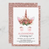 ローズゴールド ユニコーン プリンセス 誕生日 招待状 (正面/裏面)