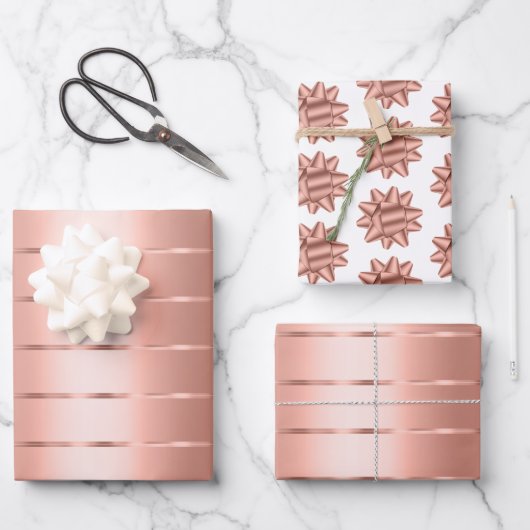 ローズゴールド リボン ボウ ブライダルシャワー ラッピングペーパーシート (正面)