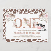 ローズゴールド ワン フローラル カウ 1歳の誕生日 招待状 (正面/裏面)