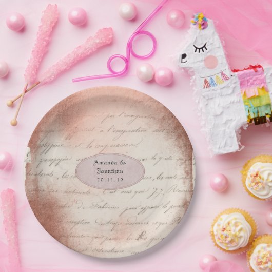 ローズゴールド ヴィンテージ タイポグラフィー ウェディング ペーパープレート (パーティー)