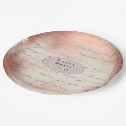 ローズゴールド ヴィンテージ タイポグラフィー ウェディング ペーパープレート (アングル)