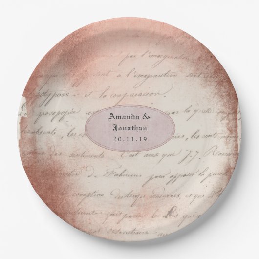 ローズゴールド ヴィンテージ タイポグラフィー ウェディング ペーパープレート (正面)