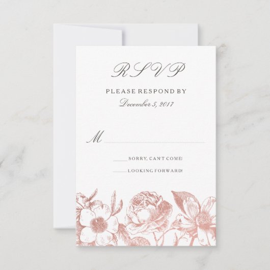 ローズゴールド ヴィンテージ フラワーのRSVPカード 出欠カード (正面)