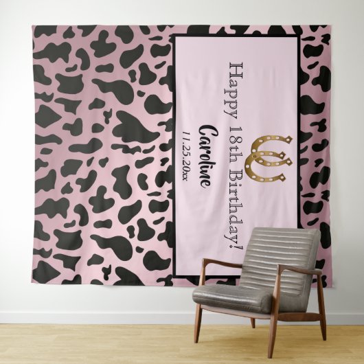 ローズゴールド 牛の斑点 & ゴールド 馬蹄の形の誕生日 タペストリー (インサイチュ(横))