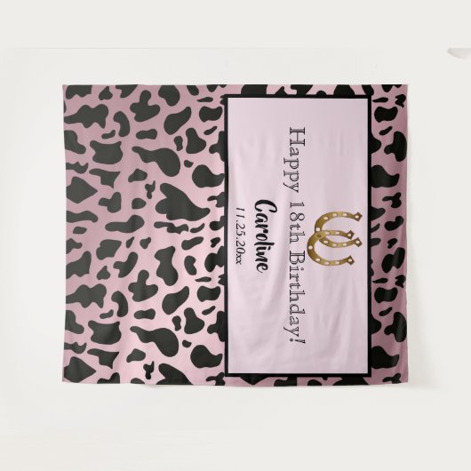 ローズゴールド 牛の斑点 & ゴールド 馬蹄の形の誕生日 タペストリー (正面(横))