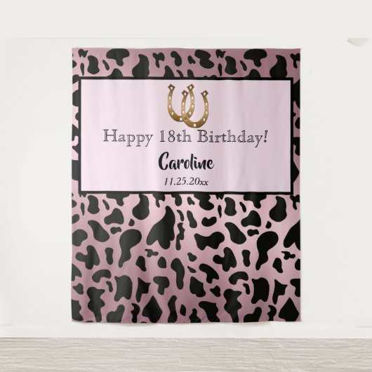 ローズゴールド 牛の斑点 & ゴールド 馬蹄の形の誕生日 タペストリー (正面)