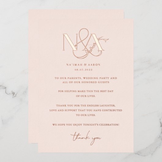 ローズゴールド |結婚のテーブル 箔招待状 (正面/裏面)