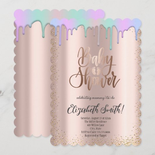 ローズゴールド、虹色の星 ベビーシャワー 招待状 (正面/裏面)