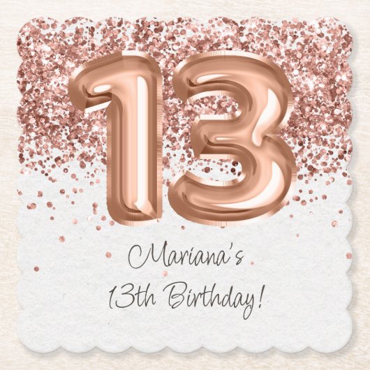 ローズゴールド 13歳の誕生日パーティー ペーパーコースター (正面)