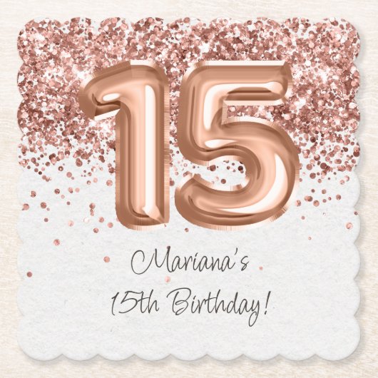  ローズゴールド 15歳の誕生日パーティー ペーパーコースター (正面)