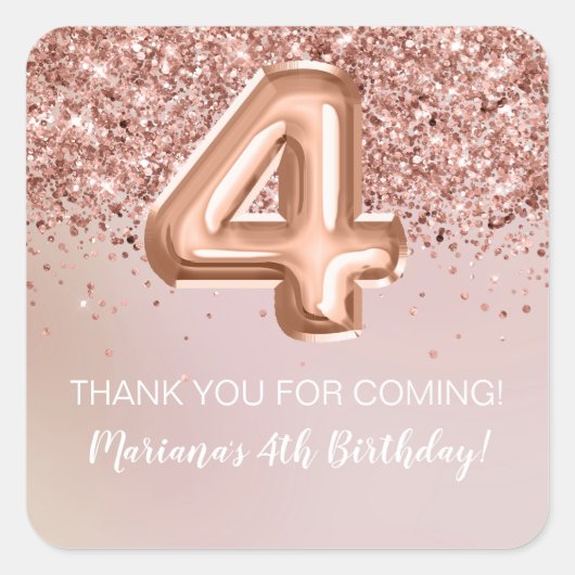 ローズゴールド 4歳の誕生日パーティーのお返し スクエアシール (正面)