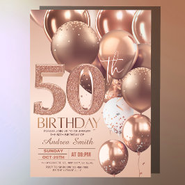ローズゴールド 50歳の誕生日 ゴージャス グリッター バルーン 招待状