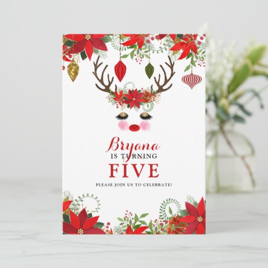 ローズチーク金ゴールドアイズトナカイ誕生日パーティー 招待状 (スタンド正面)