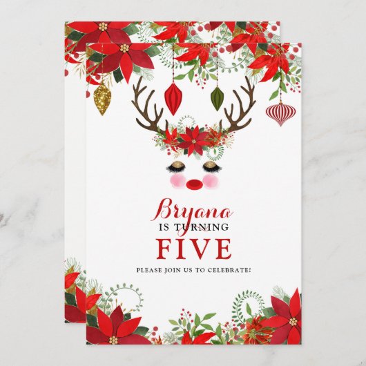 ローズチーク金ゴールドアイズトナカイ誕生日パーティー 招待状 (正面/裏面)