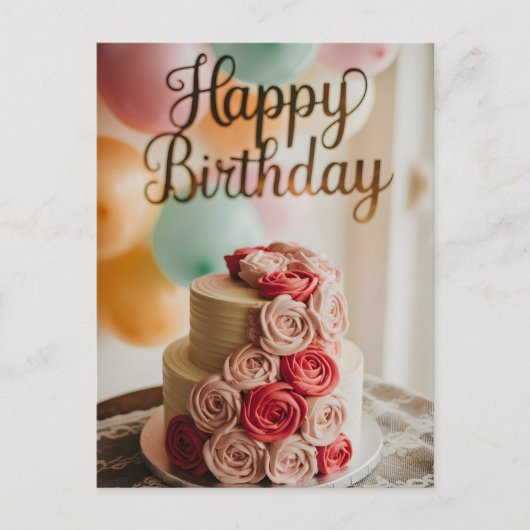 ローズバタクリームの2段の誕生日ケーキ ポストカード (正面)