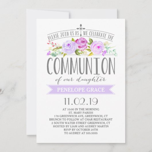ローズバナー | 女の子聖体拝領招待状 | パープル 招待状 (正面)