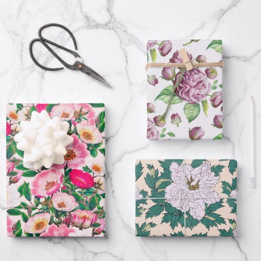 ローズヒップカメリア&牡丹の花 ラッピングペーパーシート (正面)