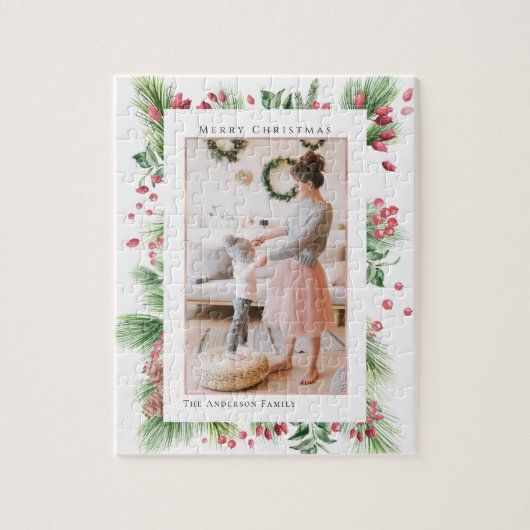 ローズヒップ&ホリーベリーのクリスマスグリーン写真 ジグソーパズル (縦)