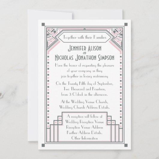 ローズピンクとグレーのギャツビーアートデコウェディング 招待状 (正面)