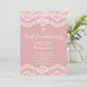 ローズピンクのレースの最初聖餐式の招待状 招待状 (スタンド正面)