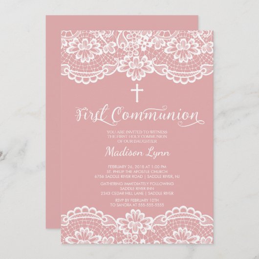 ローズピンクのレースの最初聖餐式の招待状 招待状 (正面/裏面)