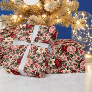 ローズピンクの芍薬 セージグリーン パインのクリスマスフラワー ラッピングペーパー