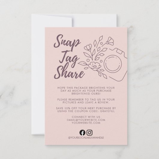 ローズピンクのSnap+Tag+Shareビジネスサンクスカード サンキューカード (裏面)