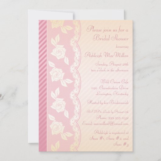 ローズピンク、アイボリーの花のレースのブライダルシャワーの招待 招待状 (正面)