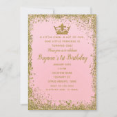 ローズピンク＆ゴールドグリッタークラウン 1歳の誕生日パーティー 招待状 (正面)