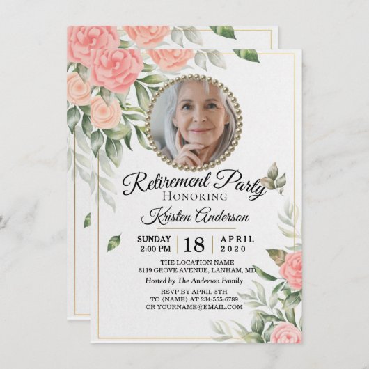 ローズフラワーズシック退職パーティの招待状 招待状 (正面/裏面)