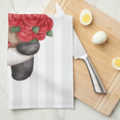 ローズブーケが施された可愛いパンダストライプベア キッチンタオル (四つ折り)