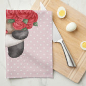 ローズブーケが施された可愛いパンダ水玉模様 キッチンタオル (四つ折り)