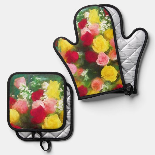 ローズブーケ絵を描のバラオリジナルフラワーアート 鍋つかみ&鍋敷きセット (正面/裏面)