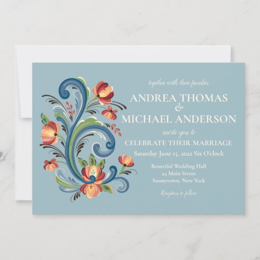 ローズマリングの青と赤の結婚式招待状 招待状 (正面)