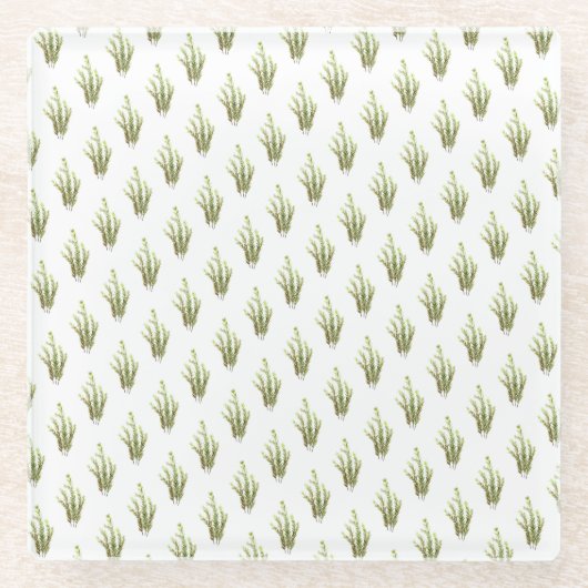 ローズマリーのハーブのキッチンアート緑の素朴なシック ガラスコースター (正面)