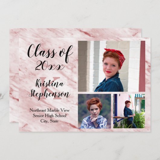 ローズマーブル3枚写真 学校卒業発表 招待状 (正面/裏面)