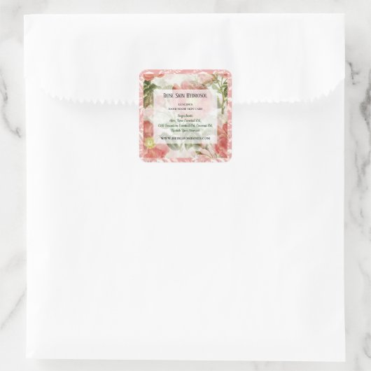 ローズ水彩植物模様の成分ラベル スクエアシール (バッグ)