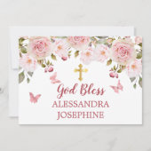ローズ ウォーターカラー フラワーバタフライ 十字架 名前カード 招待状 (正面)