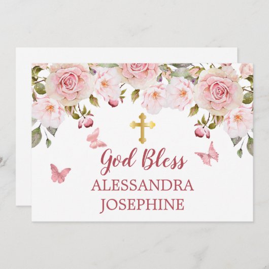 ローズ ウォーターカラー フラワーバタフライ 十字架 名前カード 招待状 (正面/裏面)