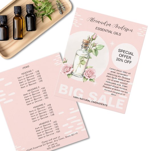ローズ エッセンシャルオイル 水彩 フラワル ボトル プロモ チラシ