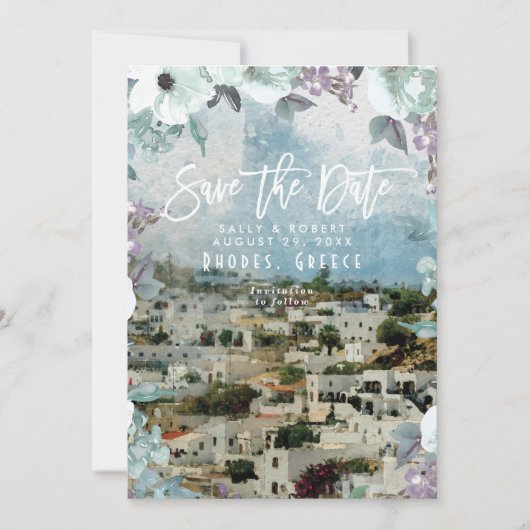 ローズ·ギリシャ夏の結婚式はデートカードを除いて サンキューカード (正面)