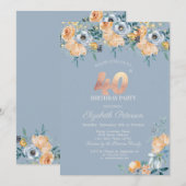 ローズ ストリング ライト ダスティーブルー 40歳の誕生日 招待状 (正面/裏面)