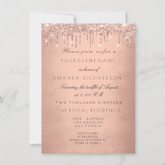 ローズ ドリップス ゴールド ロイヤル グリッター 16歳のブライズシャワー 招待状 (正面)